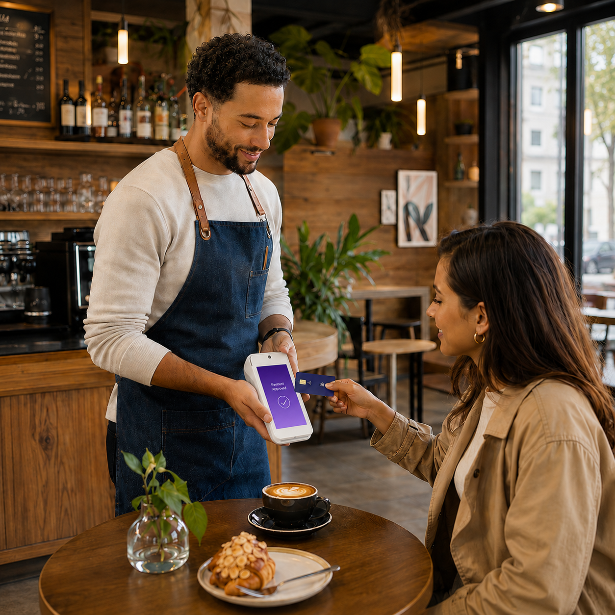 Client réglant l'addition par paiement sans contact dans un restaurant