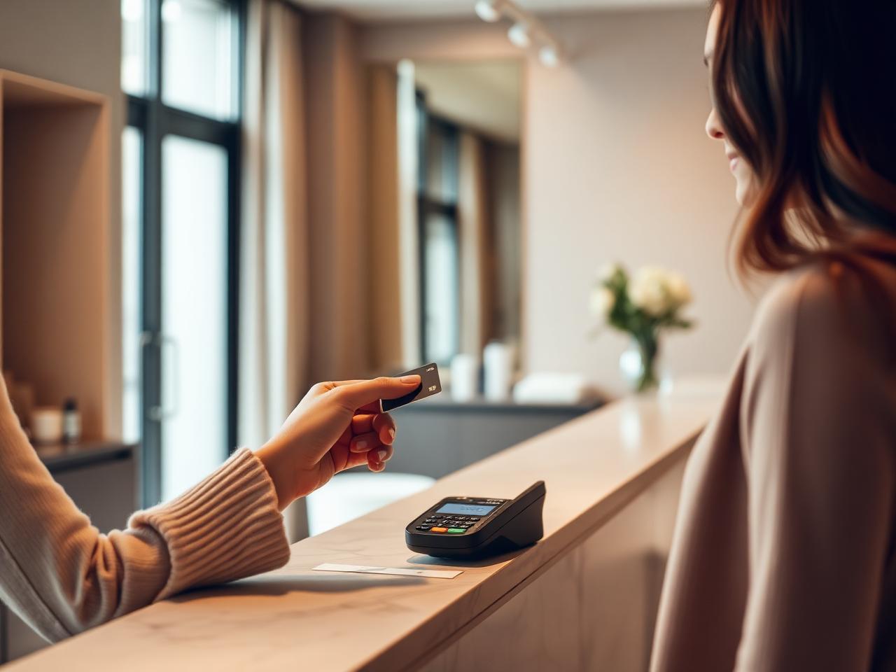 Client réglant une prestation par paiement sans contact dans un institut de beauté