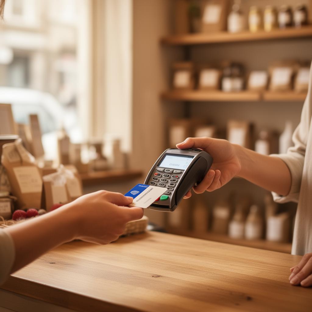 Client réglant son achat par paiement sans contact dans une boutique